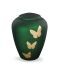 Glazen urn met vlinders groen - symbool van transformatie en vrijheid