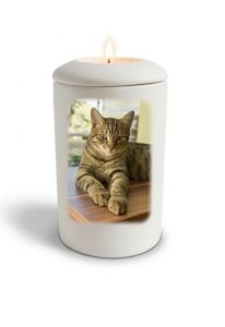 Satijnwitte kattenurn met afbeelding, personaliseerbaar