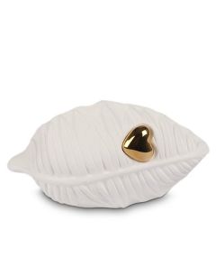 Keramische mini urn wit blad met goudkleurig hart