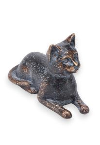 Kleine kattenurn met liggende kat van brons
