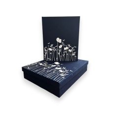 Doos en condoleanceboek van blauw katoen met bloemenprint - set