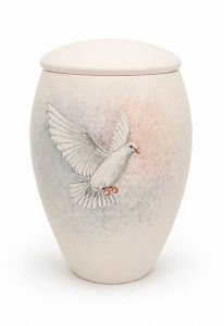 Handbeschilderde urn met vliegende witte duif