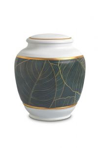 Mini urn van porselein 'Classica' | groene bladen met goudkleurige boorden