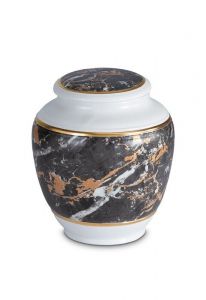 Mini urn van porselein 'Classica' | zwart marmer motief met goudkleurige boorden
