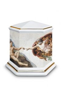 Mini urn van porselein 'Esagono' | Het Laatste Oordeel met goudkleurige boorden