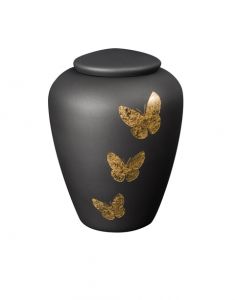 Glazen urn mat antraciet met gouden vlinders