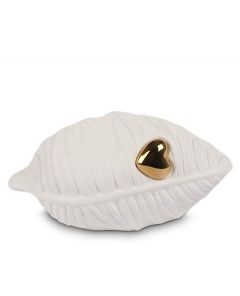 Keramische mini urn wit blad met goudkleurig hart
