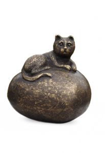 Bronzen mini urn met liggende kat