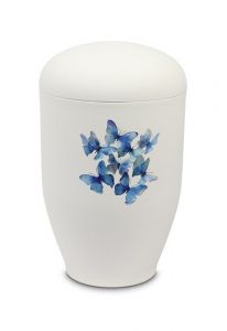 Metalen urn met blauwe vlinders