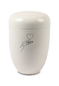 Metalen urn wit - Lijn hand met hart