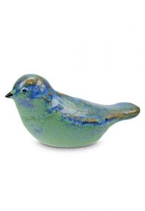 Mini urn van keramiek 'Vogeltje' blauw/groen