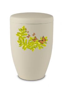 Metalen urn beige met eikenbladeren en vlinders