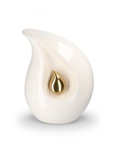 Teardrop urn van keramiek wit met kleine goudkleurige traanduppel