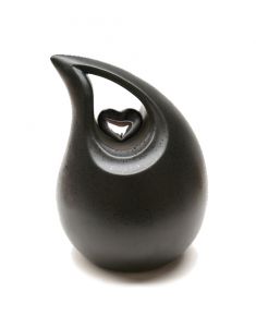 Keramische traandruppel urn zwart met zilveren hart