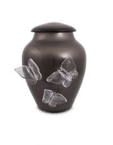Glazen urn met vlinders antraciet