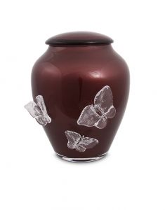 Glazen urn met vlinders bordeauxrood