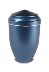 Stalen urn blauw parelmoer met goudkleurige band