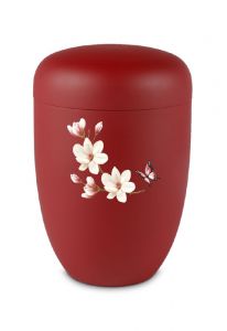 Metalen urn rood met bloem en vlinder