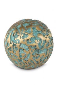 Bronzen mini urn groene bol met goudkleurig motief